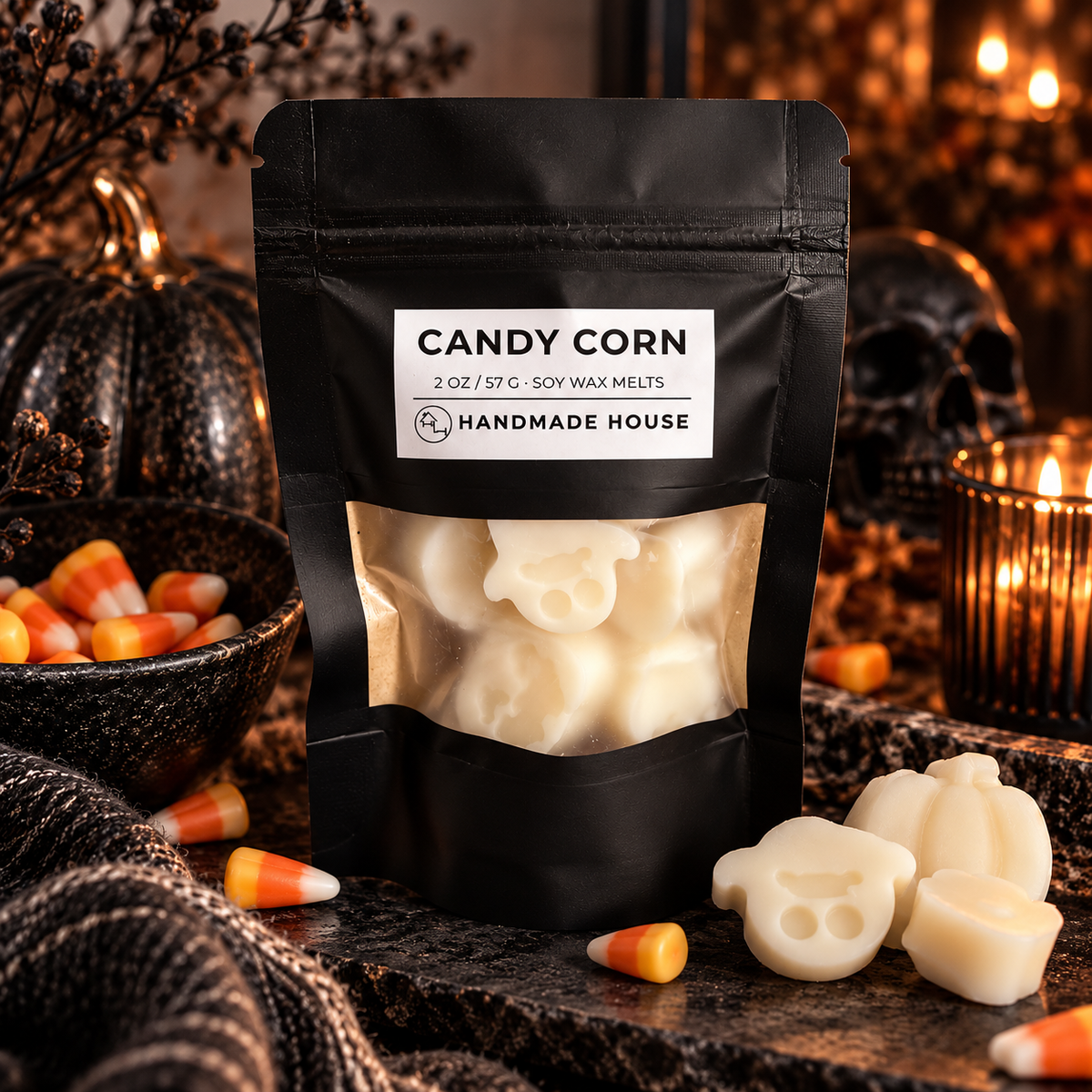 Marshmallow 2 oz soy wax melts beside Halloween-shaped melts