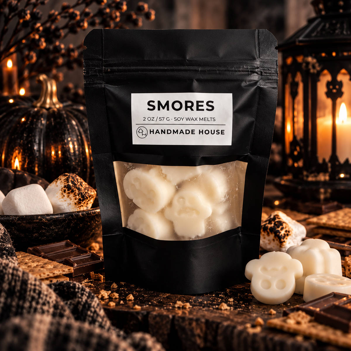 Marshmallow soy wax melts in a black 2 oz resealable pouch
