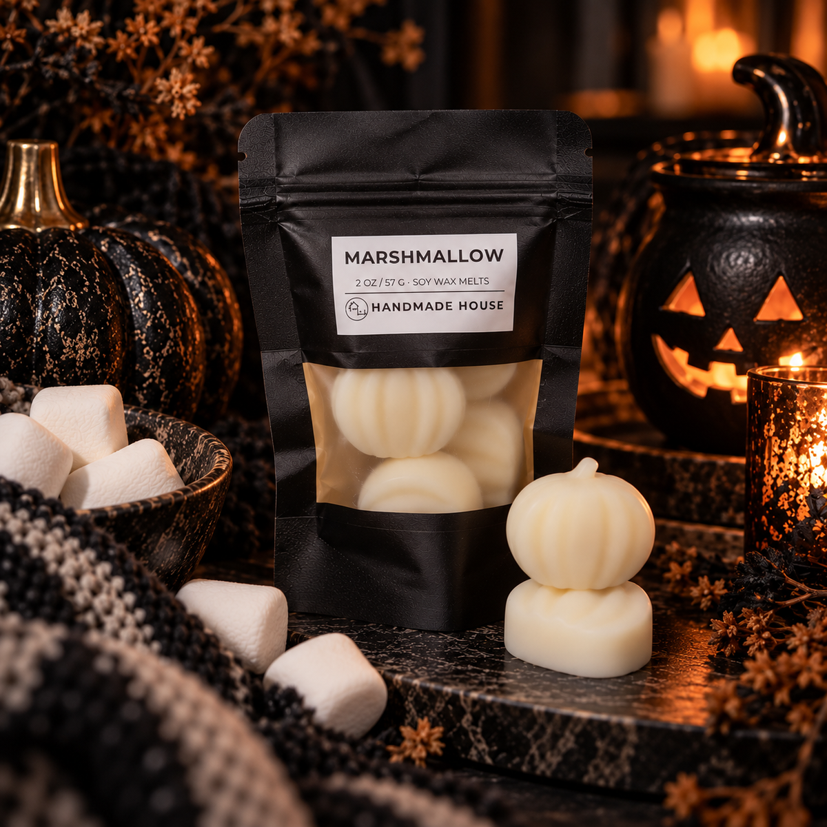 Marshmallow pumpkin-shaped wax melts with Halloween decorations