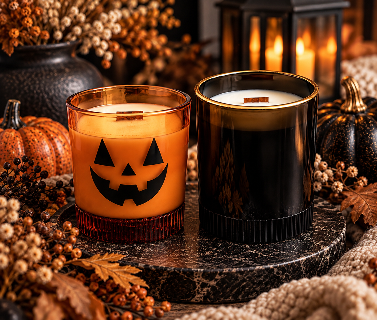 Black ribbed candle and orange jack-o'-lantern candle displayed together for Halloween