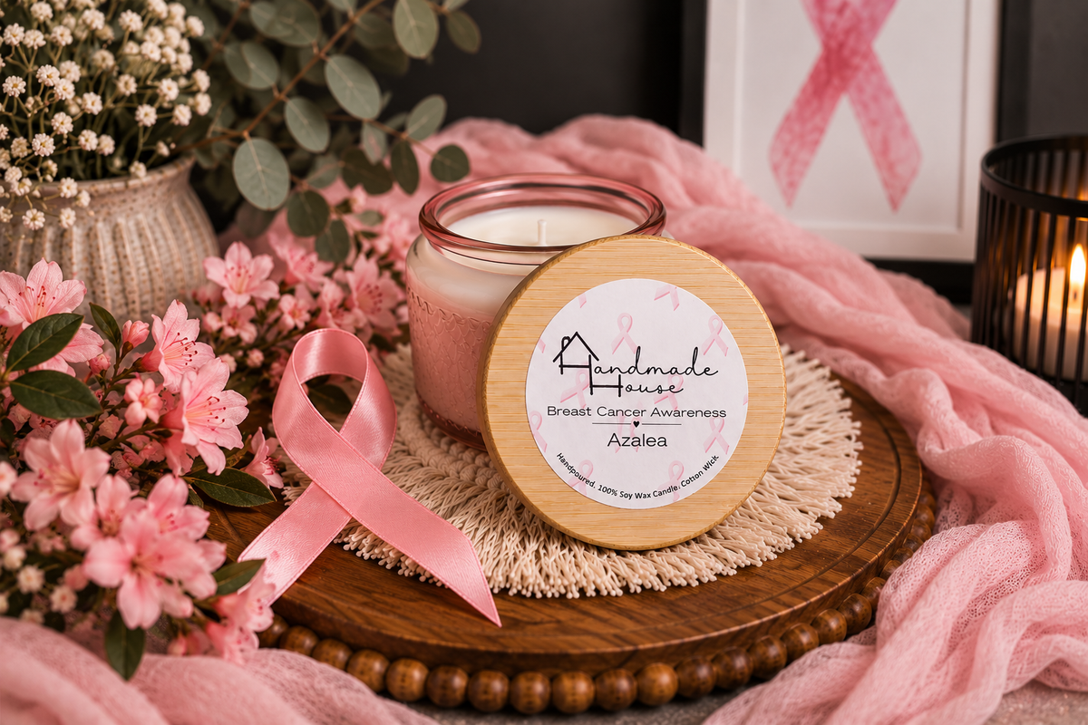 Berries & Cream Breast Cancer Awareness soy candle beside pink ribbon