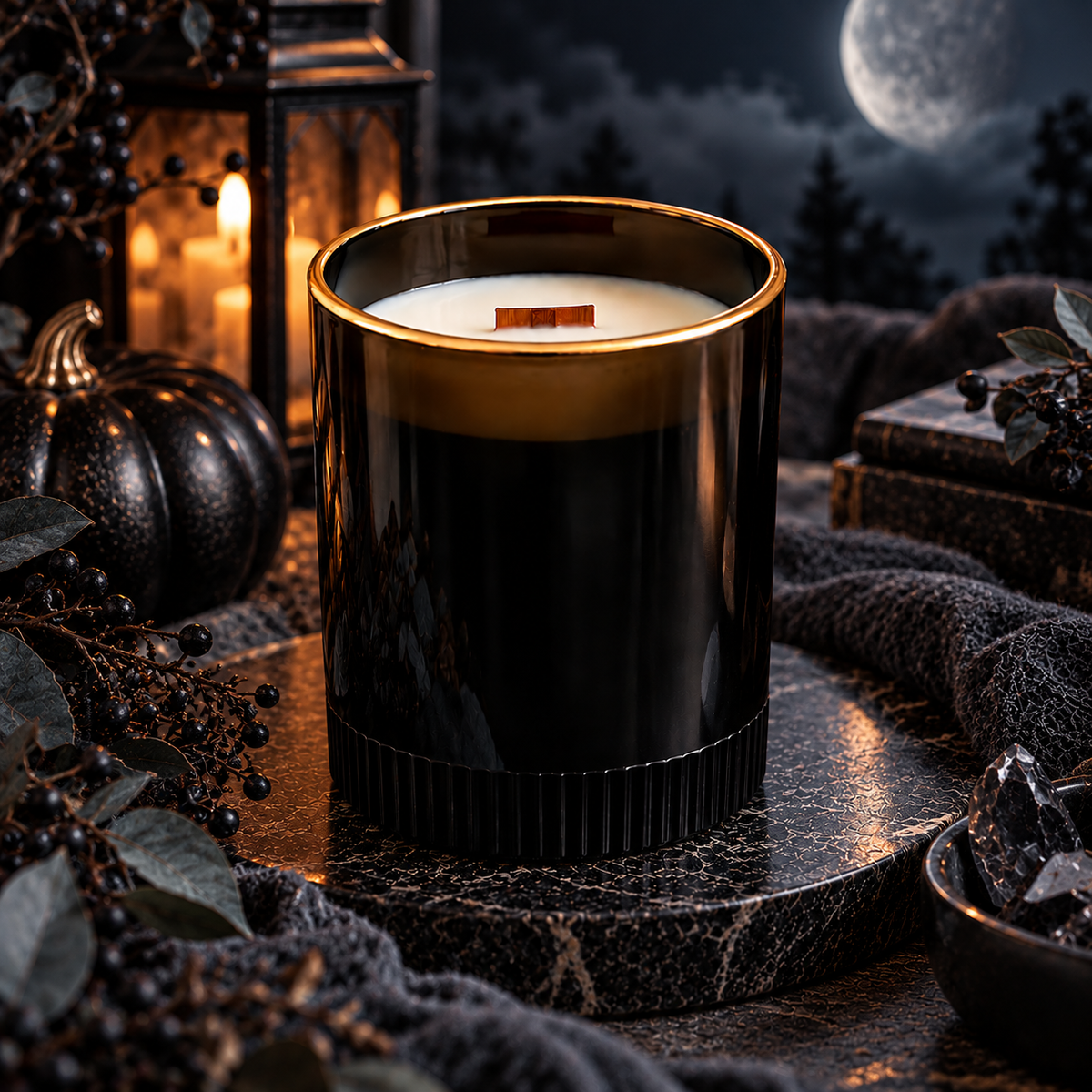 Glossy black ribbed 7 oz soy candle with cotton wick in a candlelit Halloween scene with skull and lantern