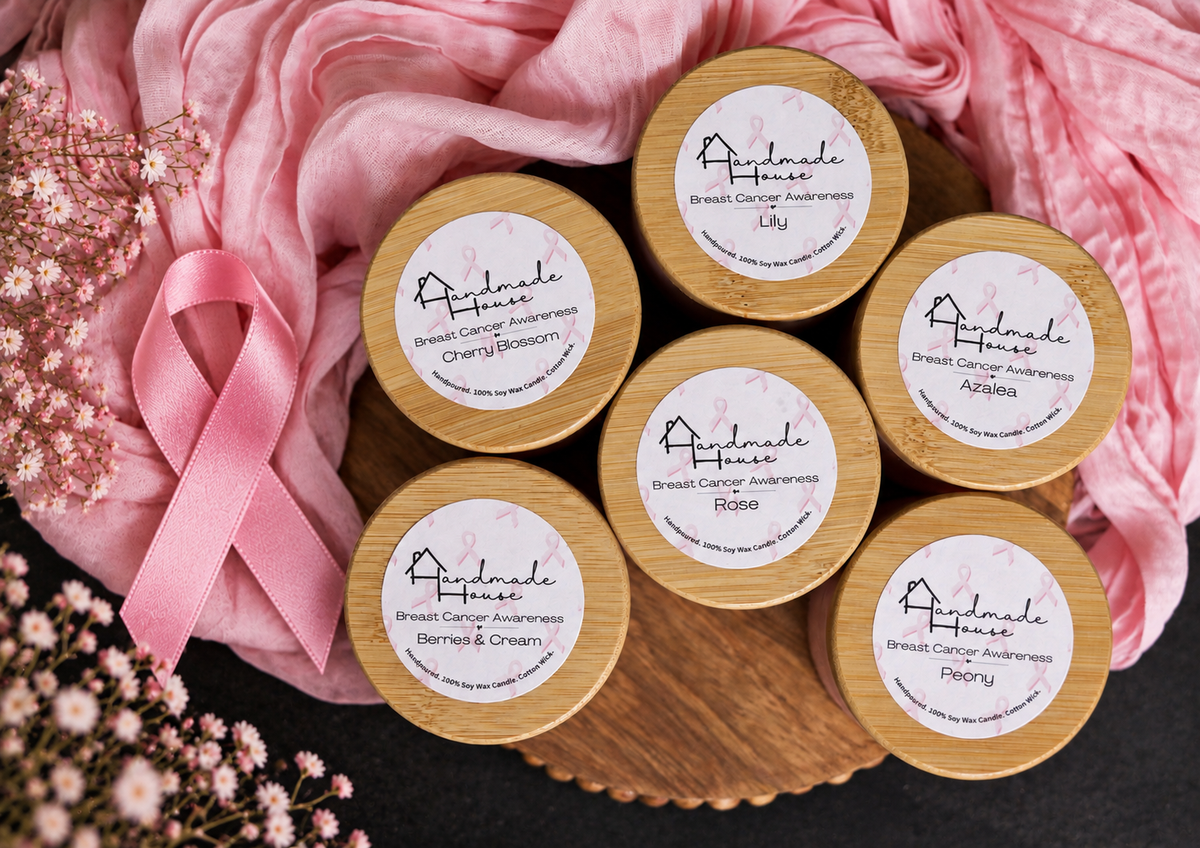 Five Breast Cancer Awareness candle lids labeled Cherry Blossom, Lily, Azalea, Rose, Peony, and Berries & Cream