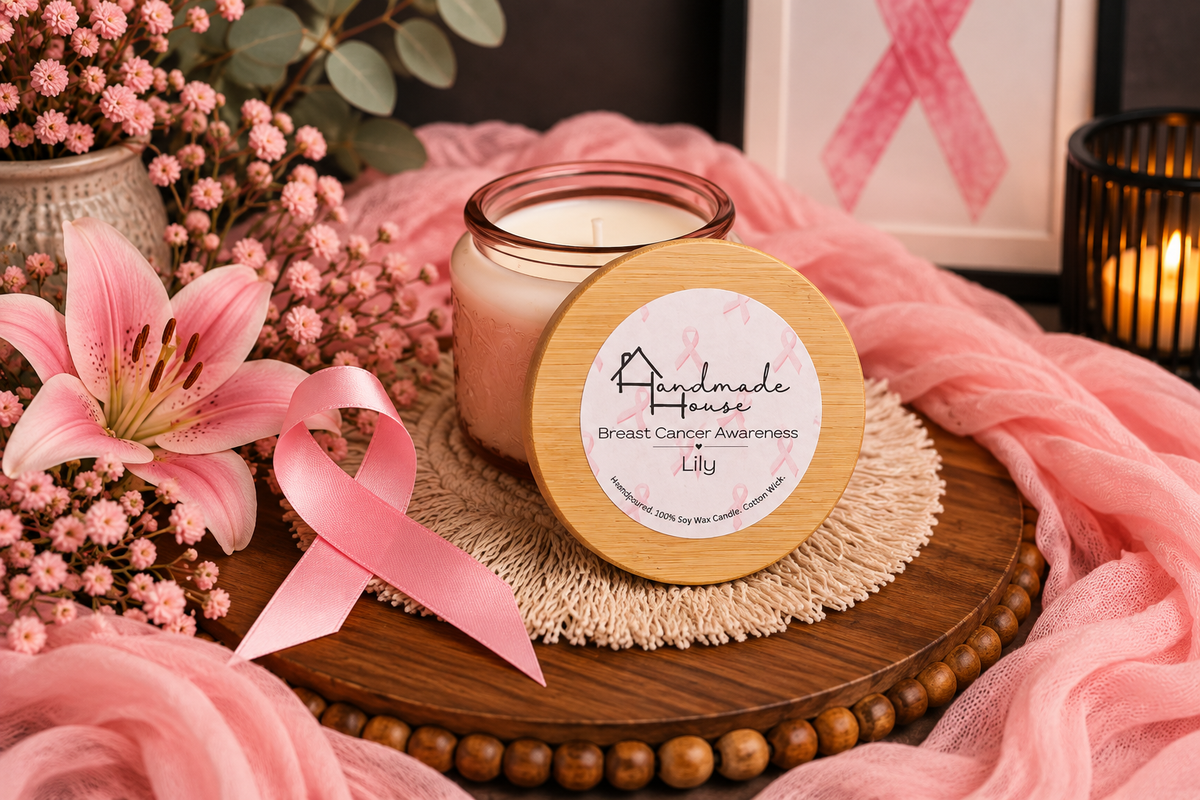 Collage of Breast Cancer Awareness candles with six scent labels