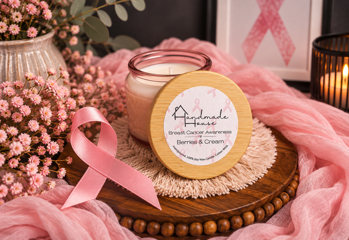 Peony Breast Cancer Awareness soy candle with round lid and pink ribbon