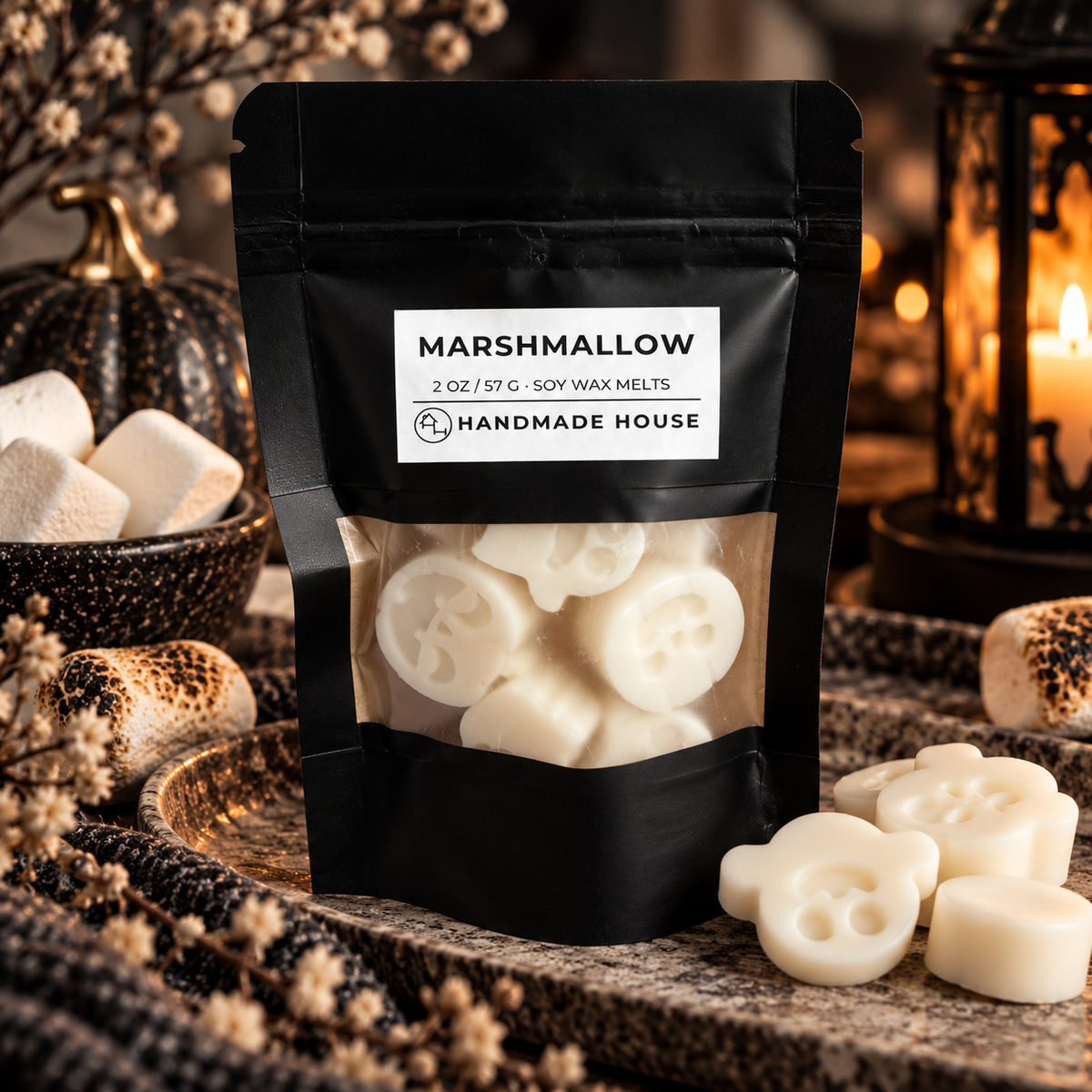 Candy Corn soy wax melts in a black 2 oz pouch