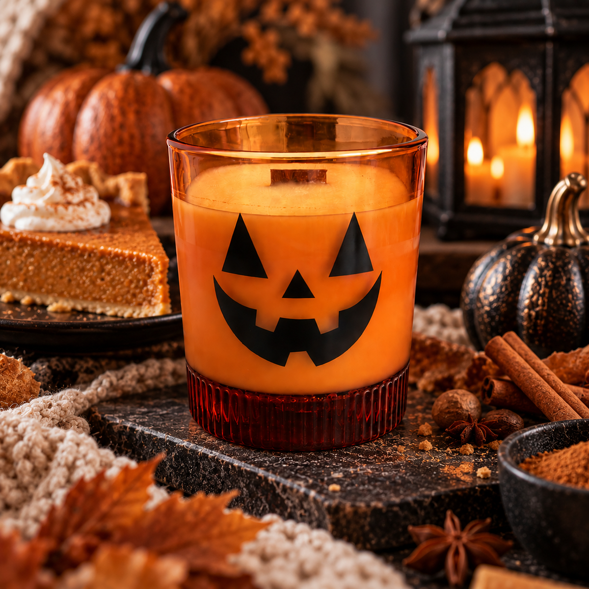 Orange jack-o'-lantern soy candle styled with pumpkin and autumn decor