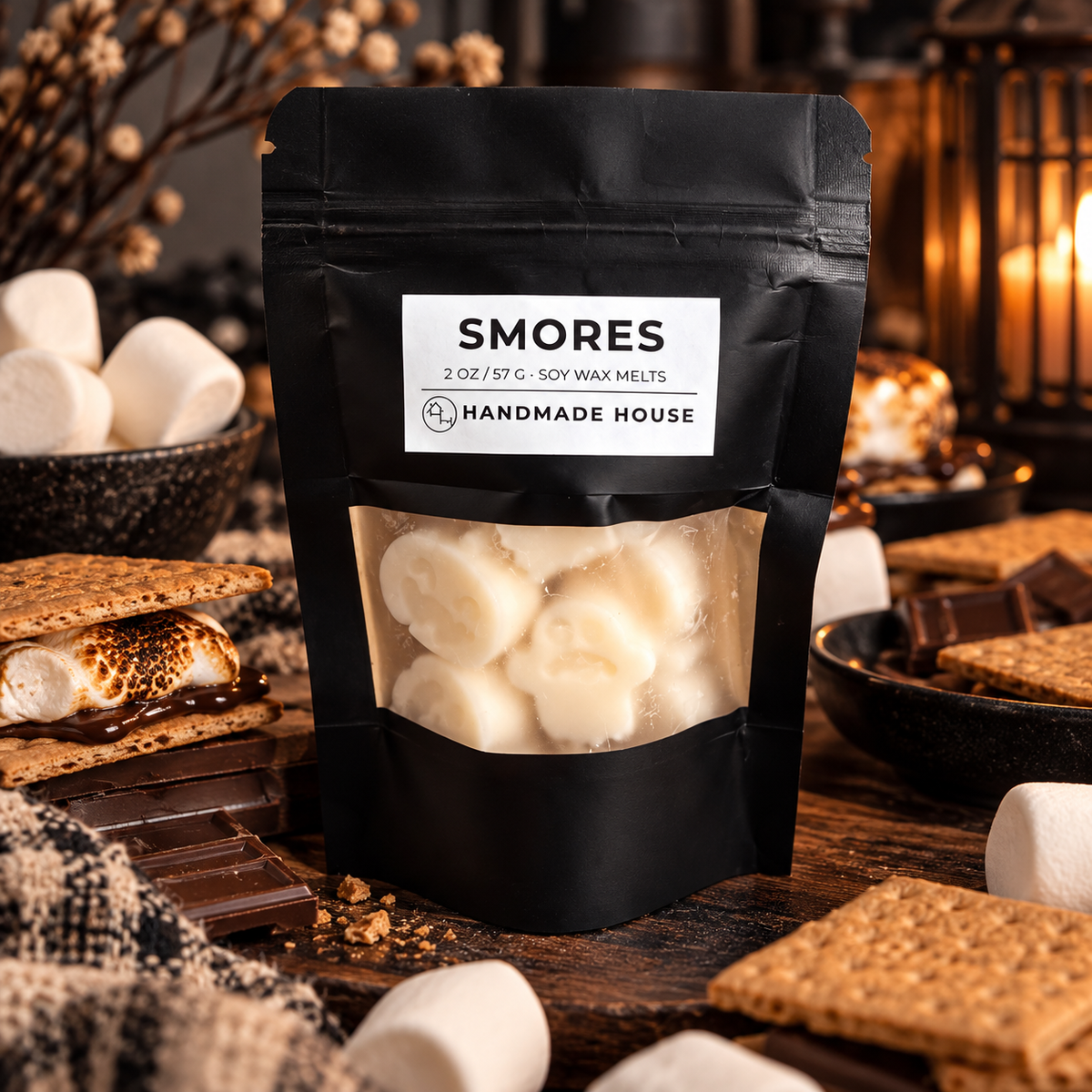 Three Halloween soy wax melt scents arranged on a stone display