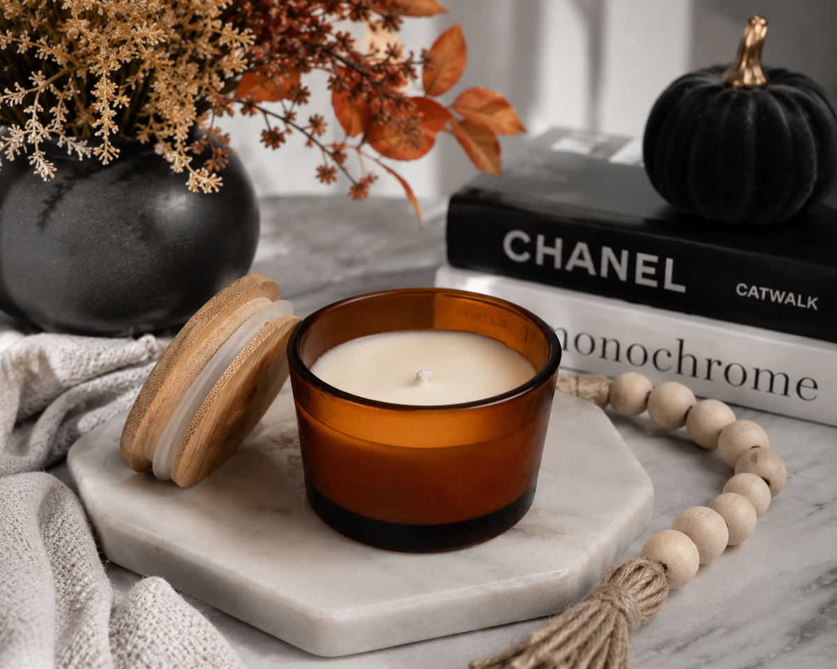 3 oz Soy Candle in Amber Glass Jar with Bamboo Lid