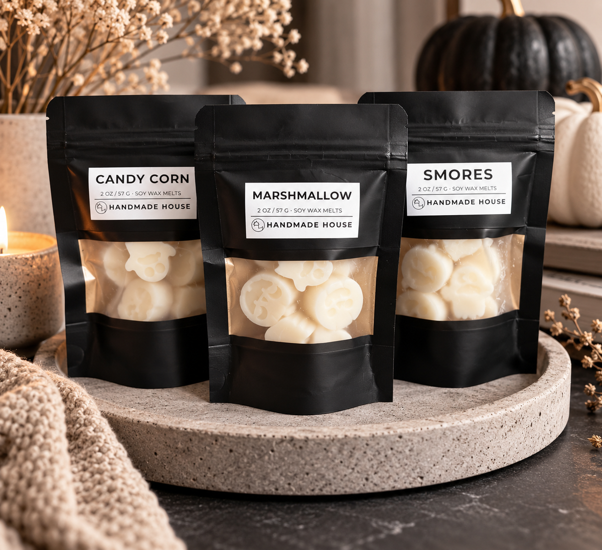 Three Handmade House 2 oz soy wax melt pouches in Candy Corn, Marshmallow and S'mores scents