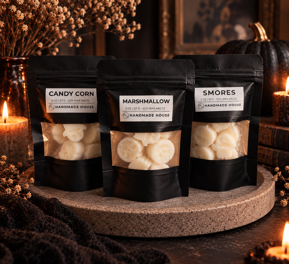 Candy Corn, Marshmallow and S'mores wax melt pouches with Halloween accents